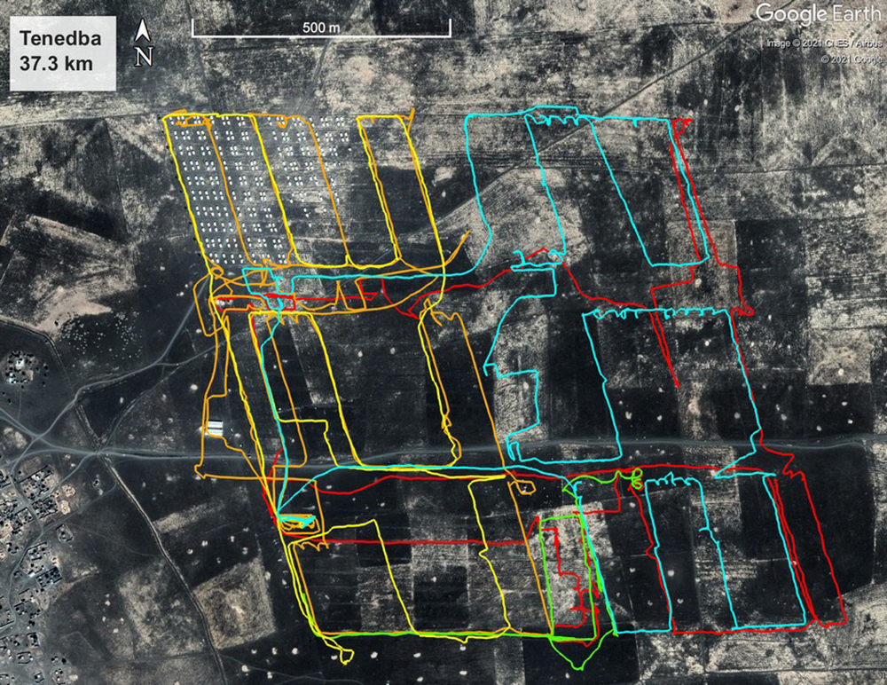 A map of Andries' tracks show the location of refugee tents against the out-of-date satellite image available