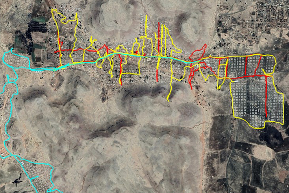 A satellite image of tracks in Um Rakuba refugee camp