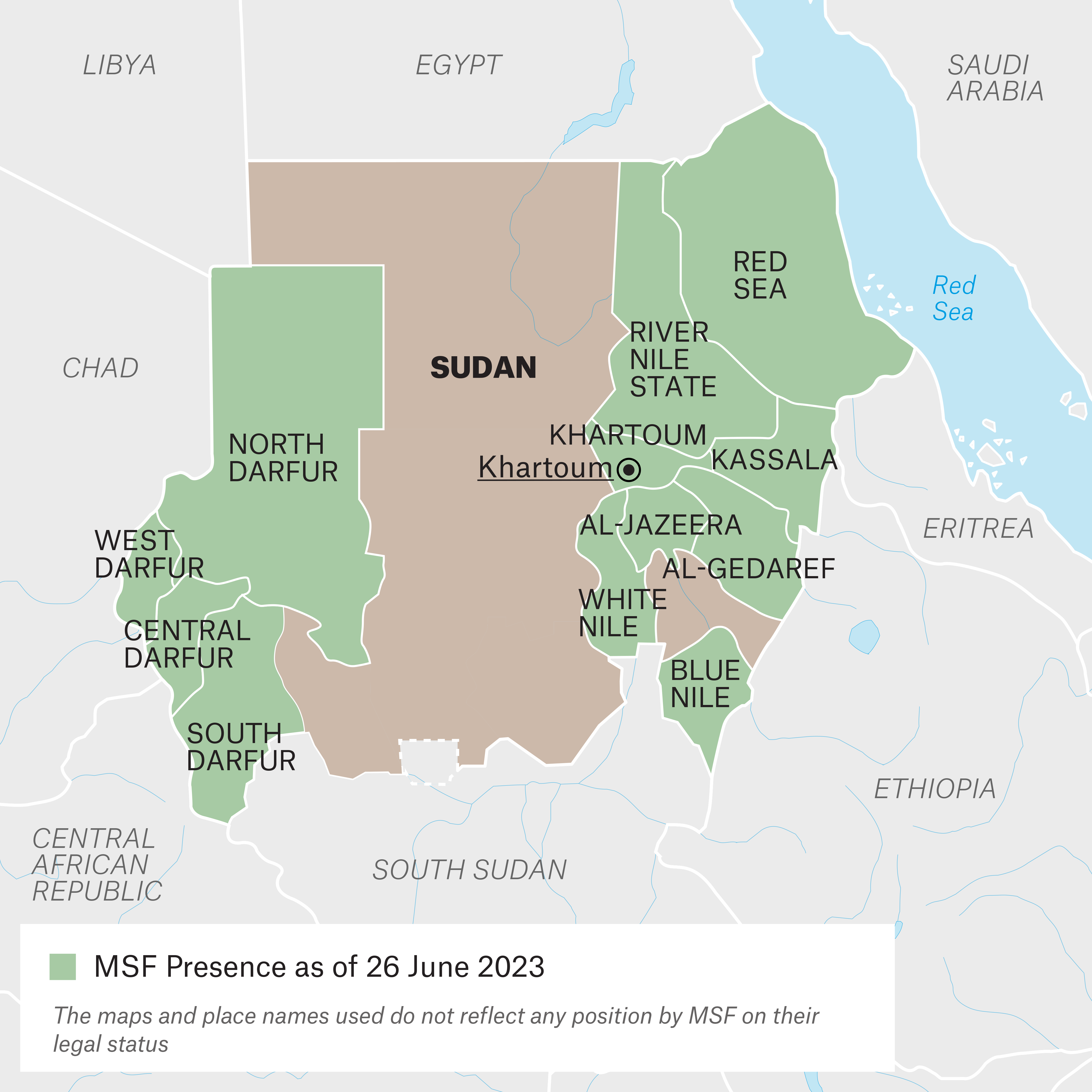 Map showing the ten Sudanese states where MSF is currently working