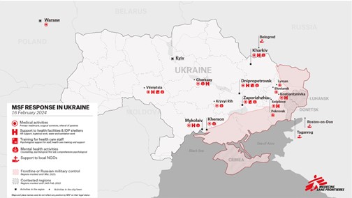 Map of MSF activities in Ukraine, February 2024